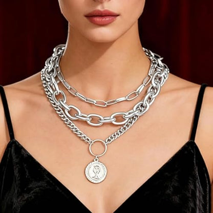 Gold Chunky Layered Coin Necklaces for Women Trendy Cuban Link Paperclip Chains Necklace Stack Coin Pendant Necklace Set Jewelry Gifts - color: Silver