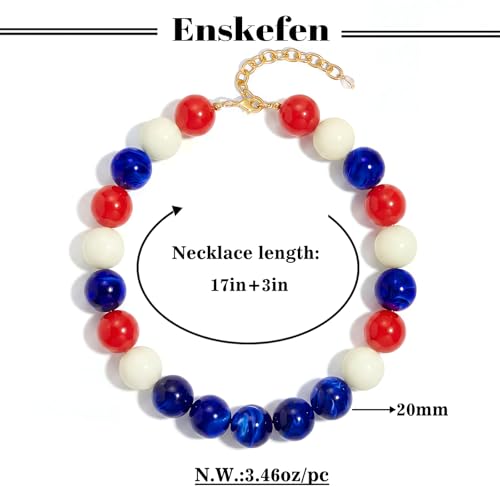 Chunky Beaded Necklaces for Women Statement Necklace | Bold Chunky Choker, Large Resin Beads, Adjustable Necklace, Boho Trendy Summer Beach Holiday Jewelry - color: Red white blue