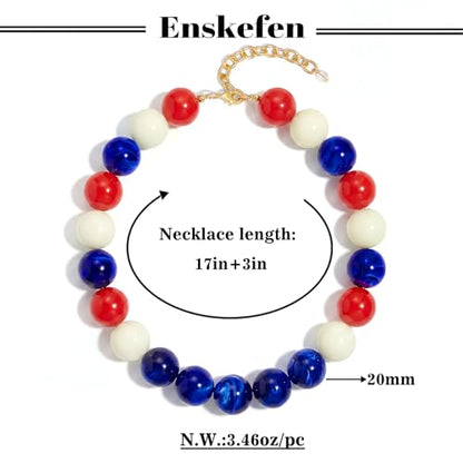 Chunky Beaded Necklaces for Women Statement Necklace | Bold Chunky Choker, Large Resin Beads, Adjustable Necklace, Boho Trendy Summer Beach Holiday Jewelry - color: Red white blue