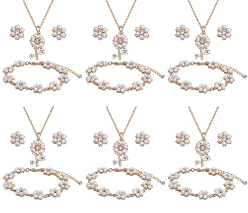 Bridesmaid Jewelry Set for Wedding, 18K Gold or Rose Gold or Silver Plated Flower Pendant with Simulate Pearl Necklace Earring Bracelet Set for Women Gift - color: 18K GOLD - 6 SETS
