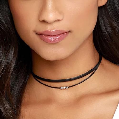 Fesciory Black Necklaces for Women, Adjustable Layered Velvet Leather Lace Collar Necklace, Goth Jewelry Gifts. - color: 3Beads