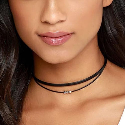 Fesciory Black Necklaces for Women, Adjustable Layered Velvet Leather Lace Collar Necklace, Goth Jewelry Gifts. - color: 3Beads