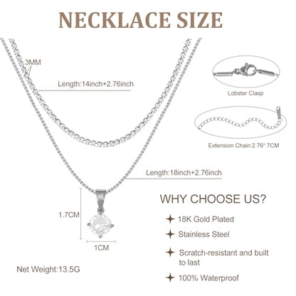 Layered Necklaces for Women, Dainty 14K Gold Plated Diamond Tennis Necklace, Simple Stackable Layered Gold Necklaces for Women Trendy Sparkly Cubic Zirconia Pendant Necklace Set Jewelry Gift - color: Silver - Tennis & Round Diamond
