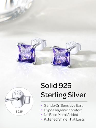 ChicSilver 925 Sterling Silver Earrings Sparkling Heart/Round/Princess Cut Birthstone Earrings for Women Birthday Jewelry with Gift Box - style: A.February(Amethyst)-Princess Cut