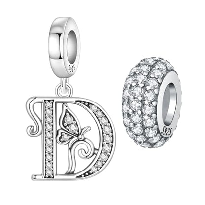 2 Pack 925 Sterling Silver Butterfly Letter Charms for Bracelets and Necklace Alphabet Initial Dangle Pendants Round Spacer Beads Pave Cubic Zirconia Jewelry Gift for Women - color: D Set