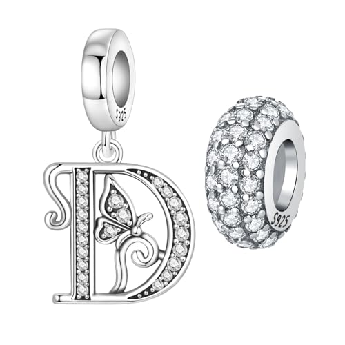2 Pack 925 Sterling Silver Butterfly Letter Charms for Bracelets and Necklace Alphabet Initial Dangle Pendants Round Spacer Beads Pave Cubic Zirconia Jewelry Gift for Women - color: D Set