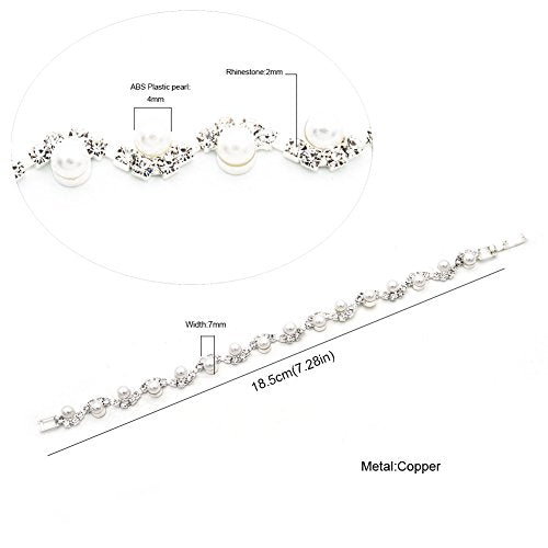 JSEA Womens 4mm Faux Pearl Wave Link Bracelet Silver Rhinestone Bracelets