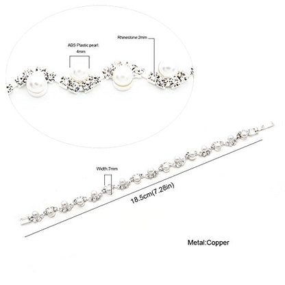 JSEA Womens 4mm Faux Pearl Wave Link Bracelet Silver Rhinestone Bracelets