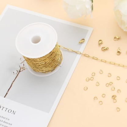 Kyutong 5M Gold PVD Plated Necklace Chain for Jewelry Making | 304 Stainless Steel Jewelry Chain Roll 3MM Paperclip Chain Link with Jewelry Clasps Men Women Handcraft DIY Jewelry Findings - color: 3mm Paperclip Gold