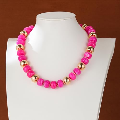 Resin Chunky Colorful Beaded Necklace | Adjustable Boho Statement Necklace,Summer Beach Party Jewelry - color: Hot Pink