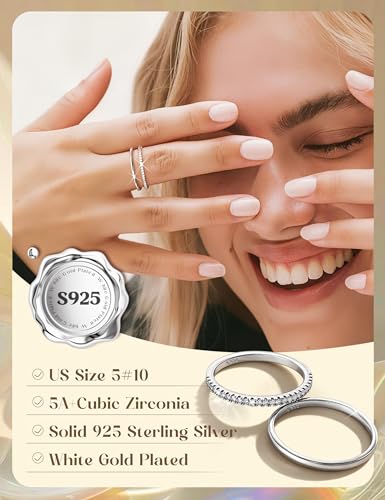 MILACOLATO 2Pcs Solid 925 Sterling Silver Rings for Women 1.3mm Thin Non Tarnish White Gold Plated Plain Thumb Stackable Rings Half Cubic Zirconia Wedding Eternity Band Rings Size 5-10 - color: Silver