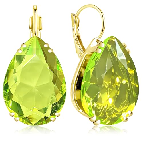 14K Gold Teardrop Crystal Leverback Earrings Sparkly Rhinestone Water Droplet Dangle Drop Earrings For Women - color: Neon Yellow