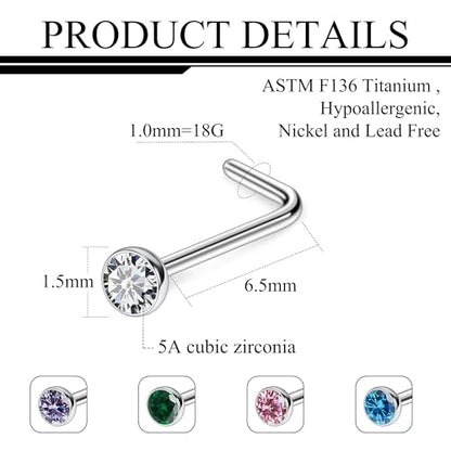 ASTM F136 Titanium Nose Rings 18G 20G 22G Jeweled Mix Color CZ Nose Studs Ring Screw L-Shaped Bone Hypoallergenic Nostril Body Piercing Jewelry for Women 1.5mm 2mm 2.5mm 3mm 10PCS - style: L-Shaped:18G(1.0mm)-1.5mm CZ