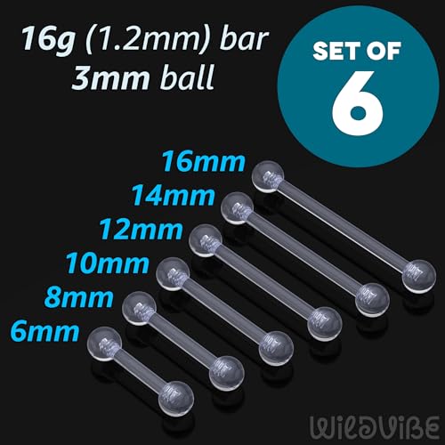 Plastic Tongue Rings For Surgery - Clear Plastic Tongue Rings For Work - Hypoallergenic Straight Barbell Bioflex Ring Piercing Jewelry - Clear Industrial Piercing Jewelry - color: 16g - 6mm-16mm (6 set)