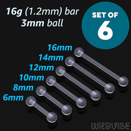 Plastic Tongue Rings For Surgery - Clear Plastic Tongue Rings For Work - Hypoallergenic Straight Barbell Bioflex Ring Piercing Jewelry - Clear Industrial Piercing Jewelry - color: 16g - 6mm-16mm (6 set)