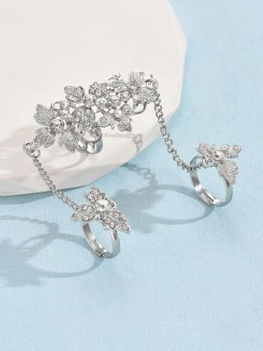 Rhinestone Finger Ring for Women Sparkly Crystal Butterfly Flower Leaf Adjustable Statement Chain Rings Punk Jewelry - color: silver flower