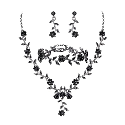 Women's Wedding Jewelry Set for Bride,Prom Bridal Accessories | Bling Crystal,Flower Leaf Cluster,Dangle Earrings Pendant Necklace Set,for Bridesmaid,Party Jewellery - color: 3Pcs-Black Black-Tone