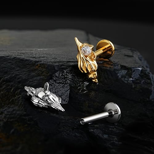 FINE4U 1PC 16G ASTM F136 Titanium Octopuses Piercings Jewelry with 6mm 8mm Post for Conch Helix Flat Labret 16G 6mm 8mm - color: Conch Shell - Gold
