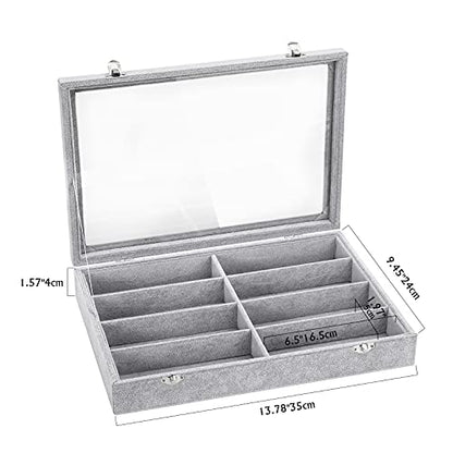 Emibele Glasses Organizer Jewelry Tray, 8 Grids with Clear Lid Velvet Tray Watch Storage Stackable Jewelry Showcase Display Storage with Detachable Inner Dividers - Grey - style: G1- eight Grids with Lid