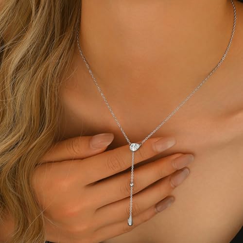 Dainty 18K Gold Plated Lariat Necklace for Women Delicate Y Chain Rose Pearl Diamond Long Drop Necklace Layering Bridal Jewelry Gift - color: CZ Waterdrop-White Gold