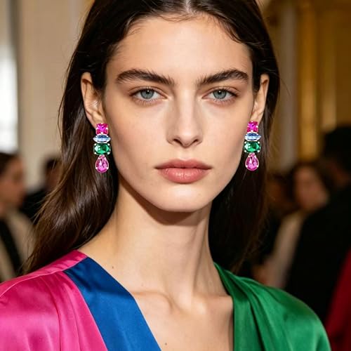 Dainty Sparkly Crystal Square Teardrop Circle Dangle Drop Earrings Long Chic Glitter Rhinestones Geometry Stud Earrings For Women - style: Rose Red Blue Green