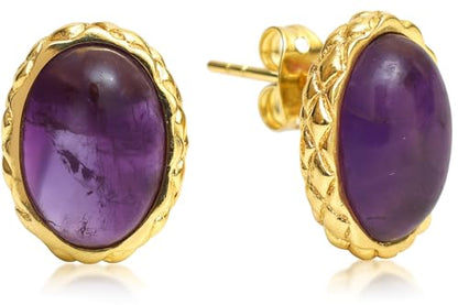 Gempires Bold Oval Gemstone Stud Earrings for Women – Natural Healing Stone Jewelry 14K Gold-Plated Hypoallergenic Tarnish-Resistant – Bold Statement Studs Gift for Her - style: Amethyst
