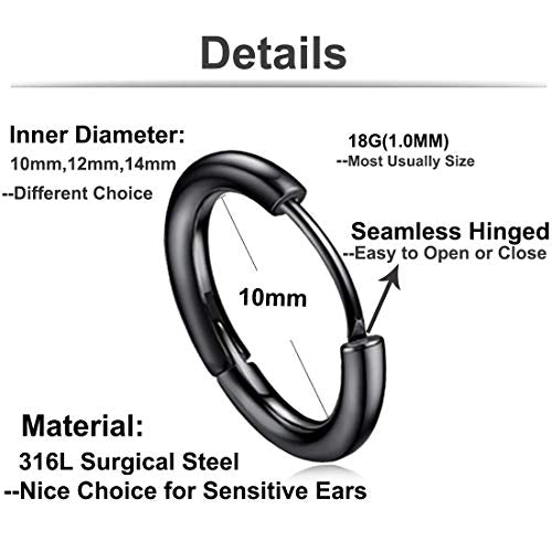 Hypoallergenic Titanium Steel Loop Earrings Set for Men Women Huggie Hoop Cartilage Piercing 18G - color: 3pairs Black