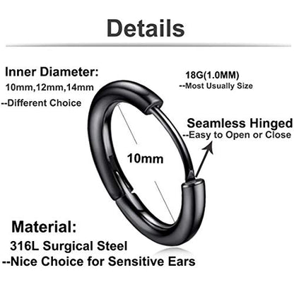 Hypoallergenic Titanium Steel Loop Earrings Set for Men Women Huggie Hoop Cartilage Piercing 18G - color: 3pairs Black