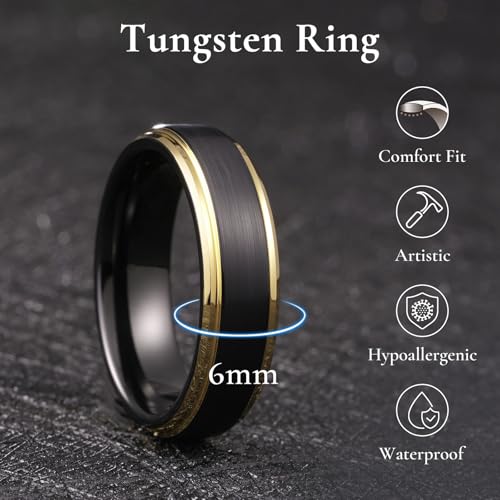 King Will Mens Brushed Wedding Band, Two Tone Matte Step Edges/Pipe Cut, Tungsten Carbide Anniversary Promise Rings Comfort Fit - color: Black&Gold Edge-6mm