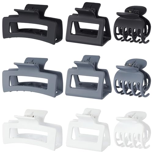 CHANDAT 3 Style Claw Hair Clips Set for Women - 9 pcs Medium Rectangle Clips for Thick Hair, Square Clips for Thin Hair - Grey | Rectangle Hair Clips for Thick Hair, Square Claw Clips for Thin Hair, Non-Slip Strong Hold, Matte Hair Accessories - color: Ne