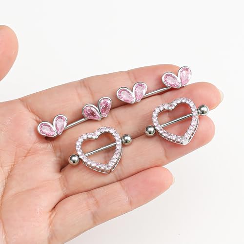 7 Pairs Nipple Rings for Women 14G Stainless Steel Pink CZ Heart Devil Acrylic Ball Straight Barbell Nipple Bars Tongue Rings Set Cute Nipplerings Piercing Jewelry Sliver Tone - color: Pink