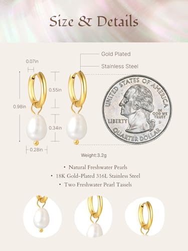 Pearl Earrings VeroSteel Dangle Earrings for Women, Dainty 14k Gold Huggie Hoop Earrings with Pearls, Trendy Pearl Drop Earrings, Stainless Steel Hypoallergenic Stud Earrings For Sensitive Ears - style: Classic