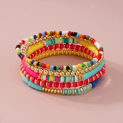 Colorful Gold Plated Stackable Ball Seed Beaded Bracelets Set For Women, Boho Handmade Romantic Stretch Accessories Jewelry, Daily Wear Holiday Party Friendship Gift - color: Heishi