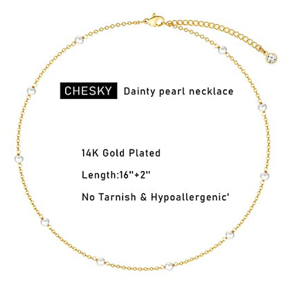 CHESKY 14K Gold Plated Silver Dainty Satellite Choker Necklace for Women | Layered Beaded Chain Necklace, Thin Choker Jewelry, Dainty Gold necklace, Minimalist Trendy Jewelry, Daily Gift for Women - style: Gold pearl