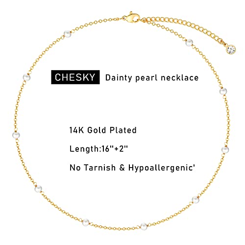 CHESKY 14K Gold Plated Silver Dainty Satellite Choker Necklace for Women | Layered Beaded Chain Necklace, Thin Choker Jewelry, Dainty Gold necklace, Minimalist Trendy Jewelry, Daily Gift for Women - style: Gold pearl