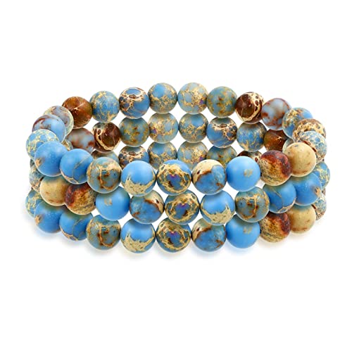 Bling Jewelry Unisex Stackable Set Of 3 Gemstone Round Bead 8MM Stretch Bracelet For Women Teen Men Multi Strand Stacking Adjustable - color: Earth Jasper Stone