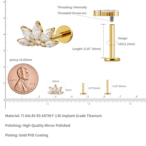FINE4U 1PC ASTM F136 Titanium 16G Flatback Stud for Tragus, Helix, Conch 6mm 8mm - Screw on Cartilage Earring Piercing Jewelry - color: Flower CZ - Gold
