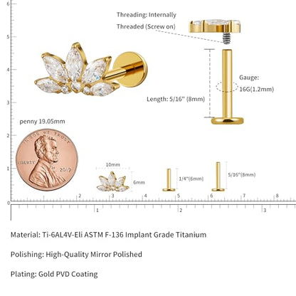 FINE4U 1PC ASTM F136 Titanium 16G Flatback Stud for Tragus, Helix, Conch 6mm 8mm - Screw on Cartilage Earring Piercing Jewelry - color: Flower CZ - Gold