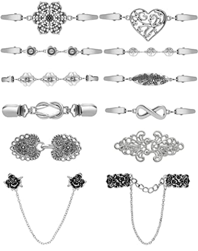 12pcs Vintage Sweater Shawl Clips Retro Cardigan Collar Shirt Waist Dresses Chain Clip Antique Flowers Pattern Brooch Pins for Women - style: A:12Pcs