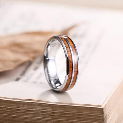 THREE KEYS JEWELRY Tungsten Wedding Band Koa wood Inlay Black Domed | 4mm, 6mm, 8mm, Everyday Wear, Black, Domed, Koa wood inlay - color: Wood Line 6mm