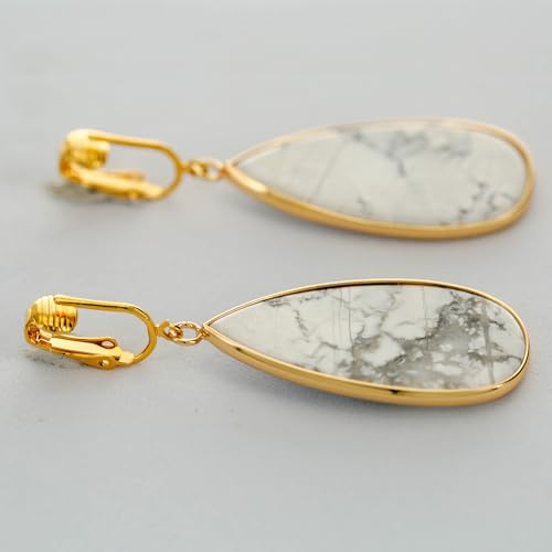 Aloha Earrings Non Pierced Gold Tone Clip On Natural Stone Teardrop Dangling Earrings - style: White Turquoise