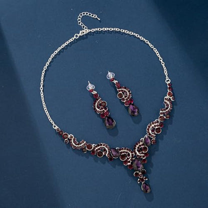 Paxuan Crystal Bridal Wedding Jewelry Sets for Women Rhinestone Teardrop Crystal Statement Choker Necklace Drop Earrings Link Bracelets Rings Teardrop Jewelry Set for Brides Bridesmaids - color: Necklace+Earrings+Bracelet+Ring（Dark Purple）