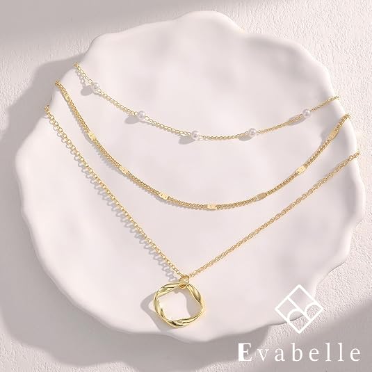 Evabelle Gold Layered Necklace for Women Trendy Jewelry 14K Real Gold Plated Chunky Chain Stackable Necklaces Dainty Choker Necklaces Rectangle Square Pendant - color: Gold Necklace 33
