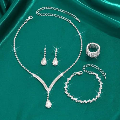 Bridal Wedding Jewelry Set Silver Rhinestone Necklace Earrings Sets Formal Costume Jewelry for Women and Brides - color: C-4 Pack Silver Necklace Bracelet Rings Earrings