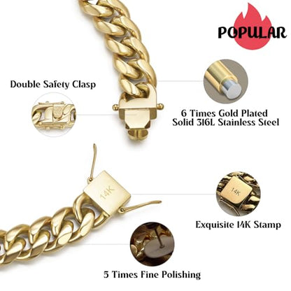 CG&KYGG 12MM 14K Gold Plated Cuban Link Bracelet for Men, Chunky 316L Stainless Steel Chain Necklace for Women, Gift for Birthday & Holiday(Delicate Package, Double Safety Clasp with 14K Stamp) - style: 12mm 14k gold necklace