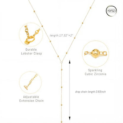 14K Gold Plated Y Necklace for Women – Dainty Lariat Long Pendant Chain, Layered Drop Necklace for V Neck Dress, Simple Sexy Cleavage Jewelry Gifts for Women - color: Gold - Single Layer - Bead