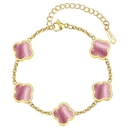 Four Leaf Clover Bracelet for Women 18K Gold Plated Stainless Steel 4 Leaf Link Chain Adjustable Bracelets Lucky Gift for Women/White/Black/Rich Red/Emerald Green/ Navy Blue/Pink Bracelets - color: Pink/Gold