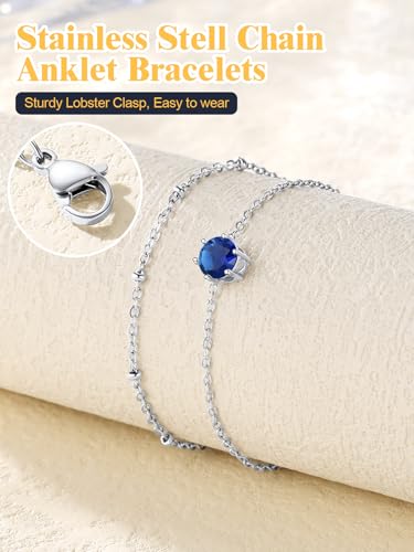 U7 Silver Ankle Bracelet for Women, Waterproof Layered Ankle Round Gem Birthstone Anklets, Summer Beach Foot Jewelry, Adjustable 8.5"-10.5" - color: 09.September-Sapphire Blue