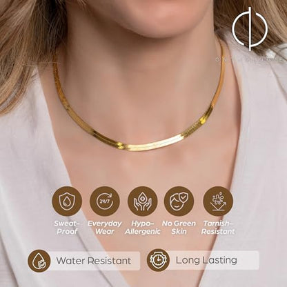 Herringbone Chain Necklace for Women Men 18K Gold Over Italian 925K Stamped Solid Sterling Silver, 3.4mm-5.5mm-7mm-9.4mm-11mm Wide Flat Snake Chain, Made in Italy - size: 16 Inch, style: WIDTH - 5.5MM