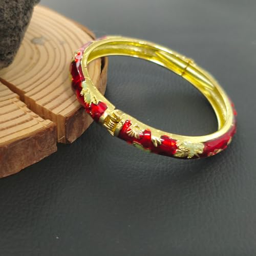 Cloisonne Bracelet For Women, Chunky Bangle Trendy Cute Flower Enamel Bangles Multi Tone Engraved Cuff Gold Plated Bracelets Stackable Wife Jewelry Friendship Gift - color: Red